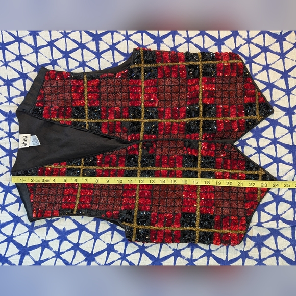 Vintage 70s 80s Theo Black & Red Plaid Heavily Sequined Vest Adult Small Beads - Picture 4 of 8